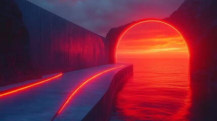 Wall Mural - Red neon lights illuminate a futuristic pathway leading to a glowing archway over a calm ocean at sunset.