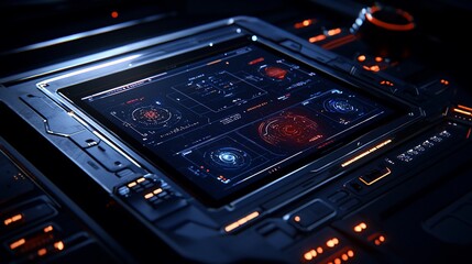 Futuristic interface display with data visualization.