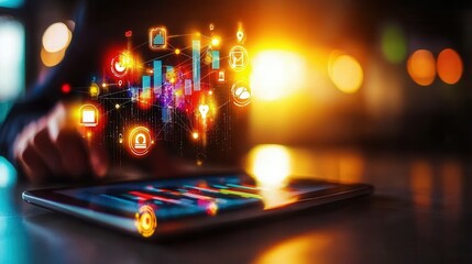 Wall Mural - Digital Business Interface with Data Visualizations and Technology Icons