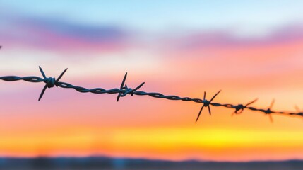 Wall Mural - silhouetted barbed wire fence frames a stunning sunset with rich colors reflecting over the open cou