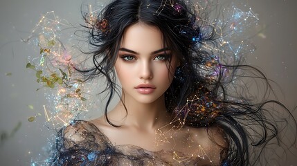 Wall Mural - Portrait of a graceful woman with black hair glowing under vibrant neon zodiac symbols and a cosmic starry sky, radiant ambiance, Ultra-Realistic, Photo Realistic, highly detailed, 