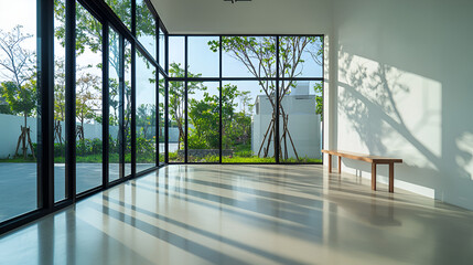 Wall Mural - Sunlit minimalist modern interior room with large window and geometric shadows.