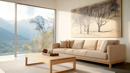 Wall Mural - Minimalist living room with beige sofa, wooden coffee table, and large artwork featuring trees. Sunlight streams through large window overlooking mountain view.