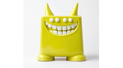 Wall Mural - A bright yellow, cartoon monster figurine with large white teeth and three eyes.