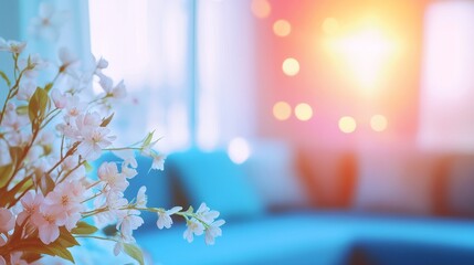 Wall Mural - Tranquil living room with blossoming flowers and warm sunlight