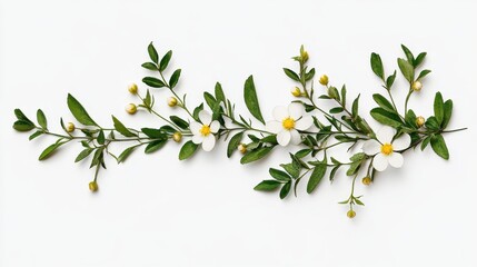 Wall Mural - Delicate white flowers and green leaves arrangement on white background