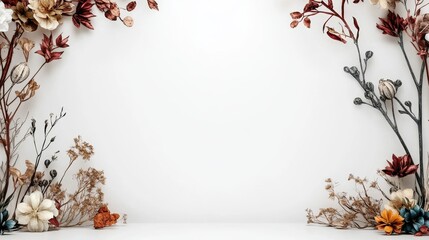 Wall Mural - Elegant autumn floral border frame with dried leaves and flowers on white background