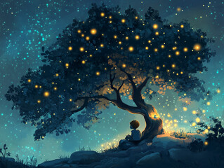 Wall Mural - A magical cartoon scene of a child sitting under a tree at night