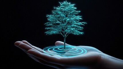 Wall Mural - A glowing tree is cradled in a hand, symbolizing growth, technology, and environmental stewardship.