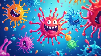 Poster - Playful cartoon viruses engage in a lively battle against friendly antibodies in a vibrant and colorful setting. Generative AI