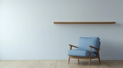 Wall Mural - Minimalist living room with blue armchair and wooden shelf on white wall