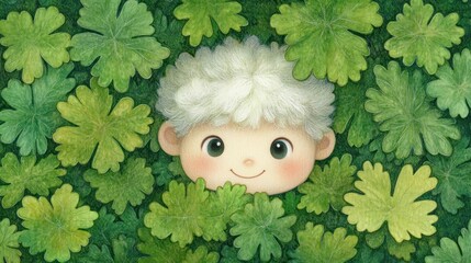 Wall Mural - Child's face peeking through lush green leaves.