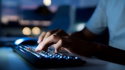 Showing a man seated at a computer, his fingers dancing across the keyboard with precision, emphasising his expertise in computer programming and online marketing through text chat communication.