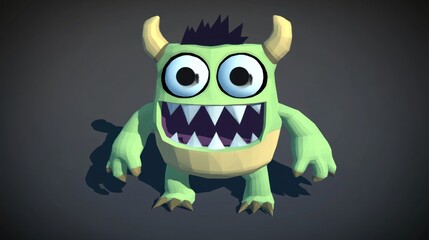 Wall Mural - Cute cartoon monster, low poly style, wide eyes, large teeth, happy expression, light green, yellow accents, stylized, digital illustration.