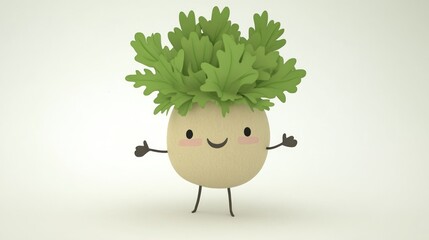 Wall Mural - Cute cartoon vegetable character with friendly expression and leaves for hair.