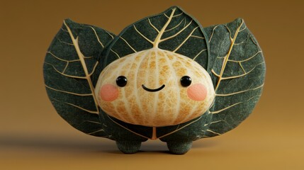 Wall Mural - Cute, cartoonish citrus fruit character with large leaves as wings, presented on a plain backdrop.