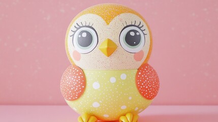 Wall Mural - Cute, cartoonish, orange and yellow owl figurine on a pink background.