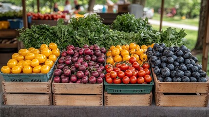 Wall Mural - Colorful display of fresh fruits and vegetables at outdoor market