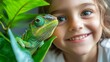 © DZMITRY - A close-up of a chameleon in a jungle setting, with a happy child reacting to the green reptile. A big lizard is pictured against a smiling kid in the background, showcasing a macro view of a wild