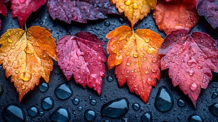 Wall Mural - Autumn leaves, rain drops, dark background, fall season, nature design