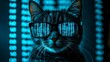© DZMITRY - In a dark room, a funny cat hacker sits at a computer, cyber data mirrored in its glasses. This scene represents ransomware, technology, hacking, animals, humor, scams, crime, and viruses