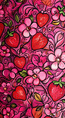 Wall Mural - The image is a vibrant and detailed illustration featuring a repeating pattern of strawberries, flowers, and abstract designs