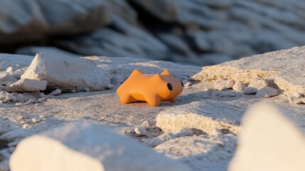 Wall Mural - Small, orange, stylized animal figurine on light beige rocks.