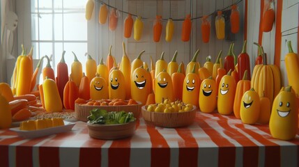 Wall Mural - Smiling vegetables arranged on a table with cheerful faces.