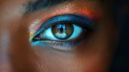 Wall Mural - Close-up of a Human Eye with Vivid and Multicolored Makeup Displaying Diverse Shades of Blue, Gold, and Orange, Highlighting the Intricate Details of the Iris and Eyelashes