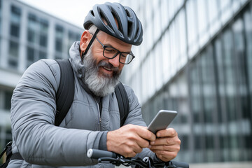 Wall Mural - A close-up of a mature businessman in a gray jacket and helmet using his smartphone while cycling in a city, surrounded by modern glass buildings and an urban backdrop.