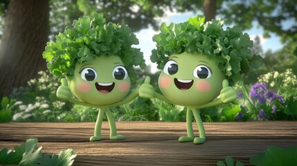 Wall Mural - Two friendly, cartoon kale characters with thumbs up, standing on a wooden surface in a natural setting.