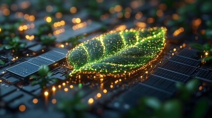 Wall Mural - futuristic sustainable technology: glowing green leaf on circuit board