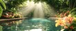 © DZMITRY - During the summer, a swimming pool at a tropical hotel or vacation home is encircled by beautiful flowers, showcasing the concept of backyard, garden, landscaping, and resort