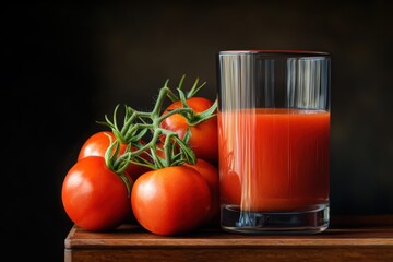 Wall Mural - Tasty Tomato juice in a glass with ripe red tomatoes.