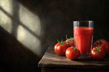 Wall Mural - Tasty Tomato juice in a glass with ripe red tomatoes.