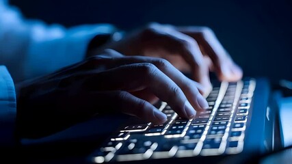 Focused on a man's hands typing on a computer keyboard, showcasing his skill in computer programming and online communication for business marketing strategies.