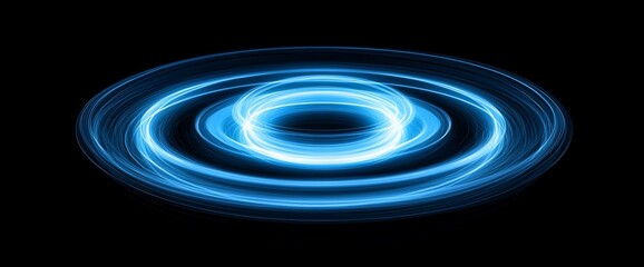 Poster - Abstract blue glowing concentric circles on black background.