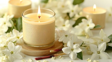 Wall Mural - Scented candle surrounded by jasmine flowers on wooden tray