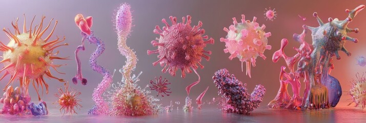 Poster - Progression of virus forms from simple structures to complex organisms in vivid detail. Generative AI