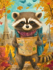 Poster - Raccoon explorer with a map in front of famous landmarks during autumn colors. Generative AI