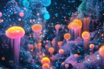 Aufkleber - Vibrant microscopic landscape reveals glowing viruses and intricate cellular structures in a dynamic setting. Generative AI