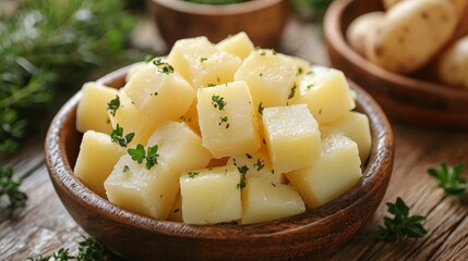 Wall Mural - Diced potatoes, herbs, wooden bowl, rustic table, food photography