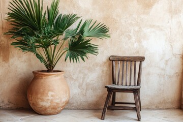 Canvas Print - Rustic wooden chair and potted palm plant against textured wall