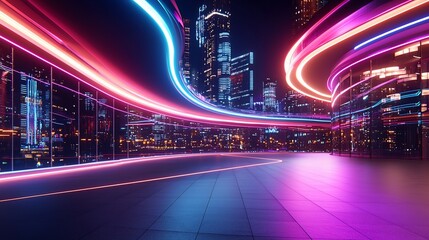 Canvas Print - Futuristic city nightscape with vibrant neon light trails.