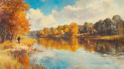 Autumn forest and a man fishing background