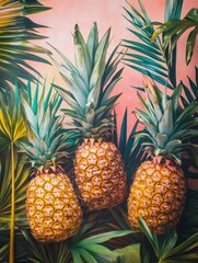Aufkleber - Vibrant pineapples nestled in lush palm trees and tropical foliage against a colorful backdrop. Generative AI
