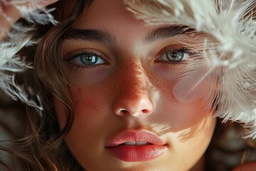 Wall Mural - Close-up of young caucasian female with freckles and feather adornments