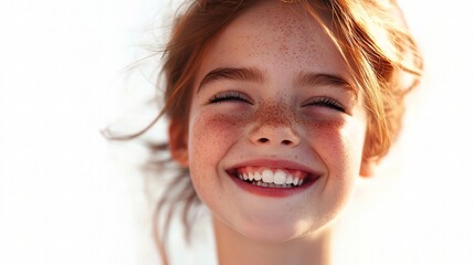 sun-kissed smile: a radiant young girl, freckles and all, beams with pure joy, her eyes crinkling as