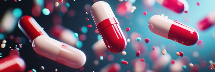 Poster - Pills encircling and attacking bacteria to symbolize advancements in medical treatments and the fight against diseases. Generative AI