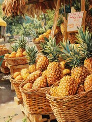 Fototapete - Vibrant tropical market with baskets of fresh pineapples during a sunny day. Generative AI